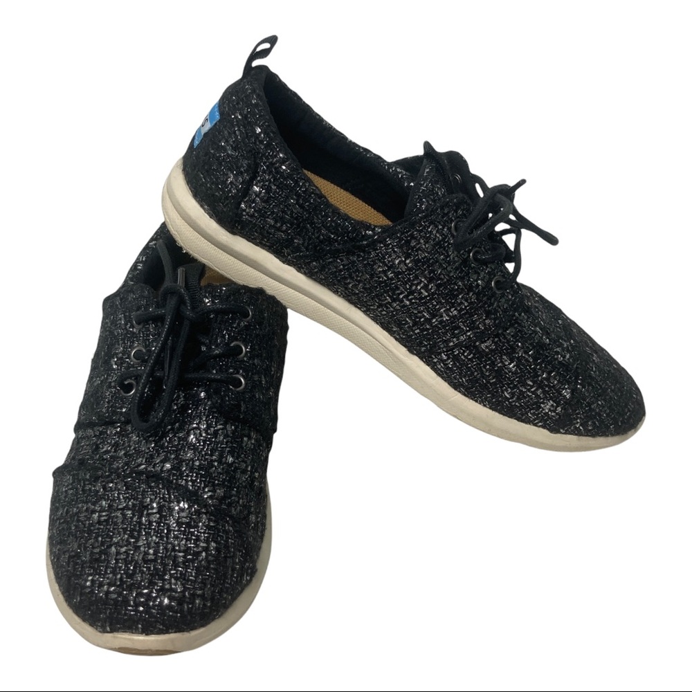 Toms Del Rey Sneakers Women’s Size 6.5 Tie Textured Woven Fabric Black Silver